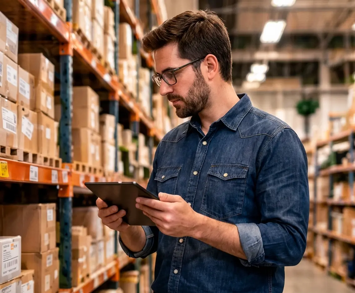Profissional acompanhando produtos e estoque em um comércio