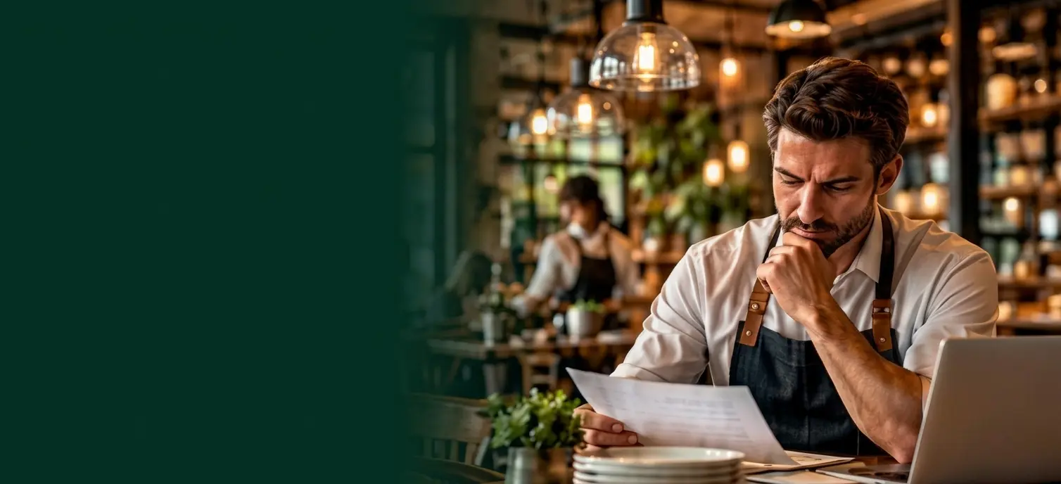 Profissional analisando documentos em restaurante para gestão financeira e contabilidade especializada no setor de alimentação.